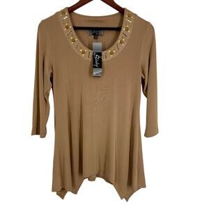 NEW NWT Slinky Brand XS Brown Formal Artsy Wearable Art Blouse Shirt Top